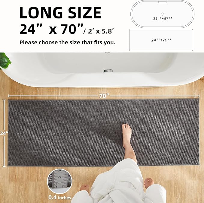 TYUU Bathroom Runner Rugs, Long Bath Mat Runner Washable Thin Quick Dry Low Pile Bathroom Runner Rugs Non Slip, Dark Grey 24"x70"