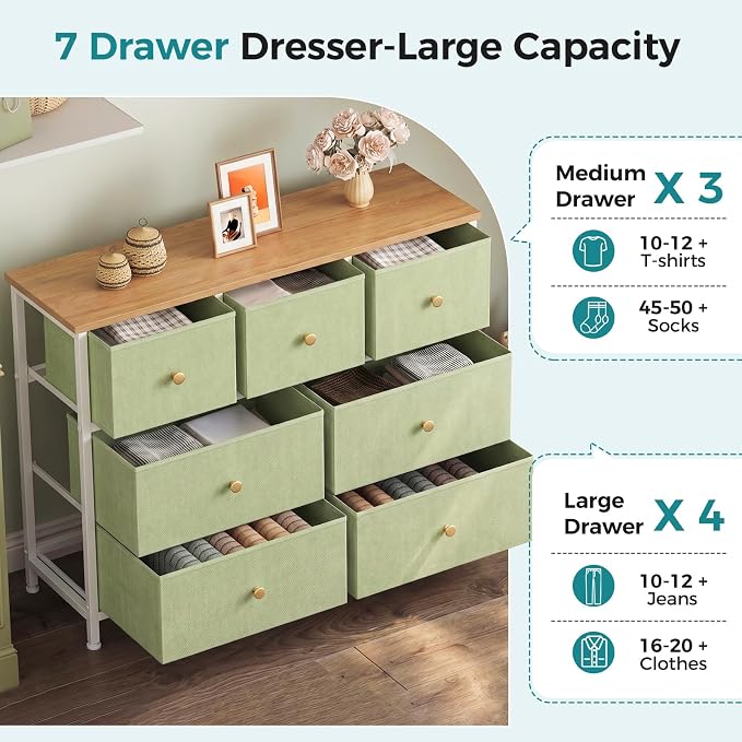 OLIXIS 7 Drawer Dresser for Bedroom, Tall Fabric Storage Tower with Sturdy Steel Frame and Wooden Top, Large Dresser for Living Room Entryway with Easy Pull Fabric Bins,Light Green