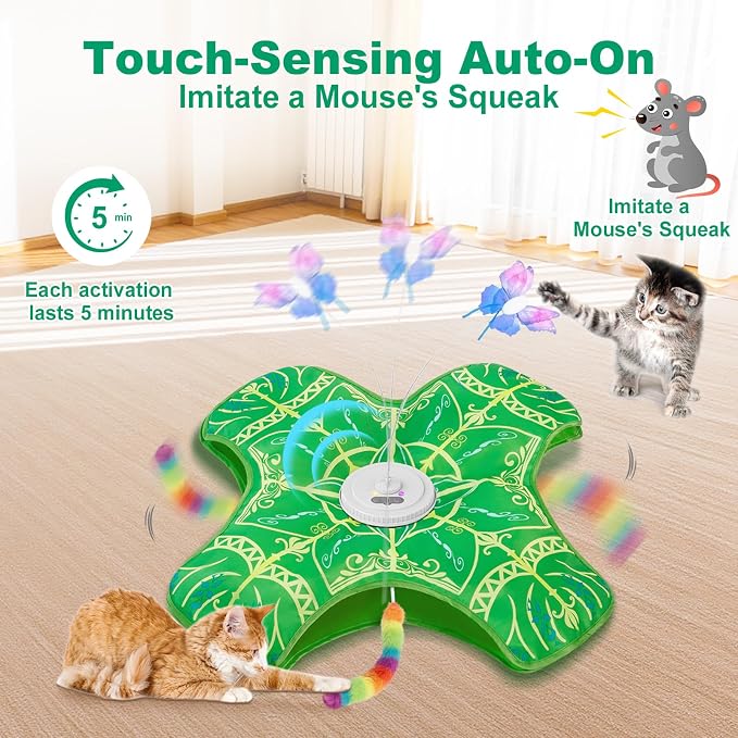 Interactive Cat Toys for Indoor Cats,[Newly Upgraded] Rechargeable Touch Activated Hide and Seek Kitten Toys for Bored Indoor Adult Cats with Fluttering (Green)