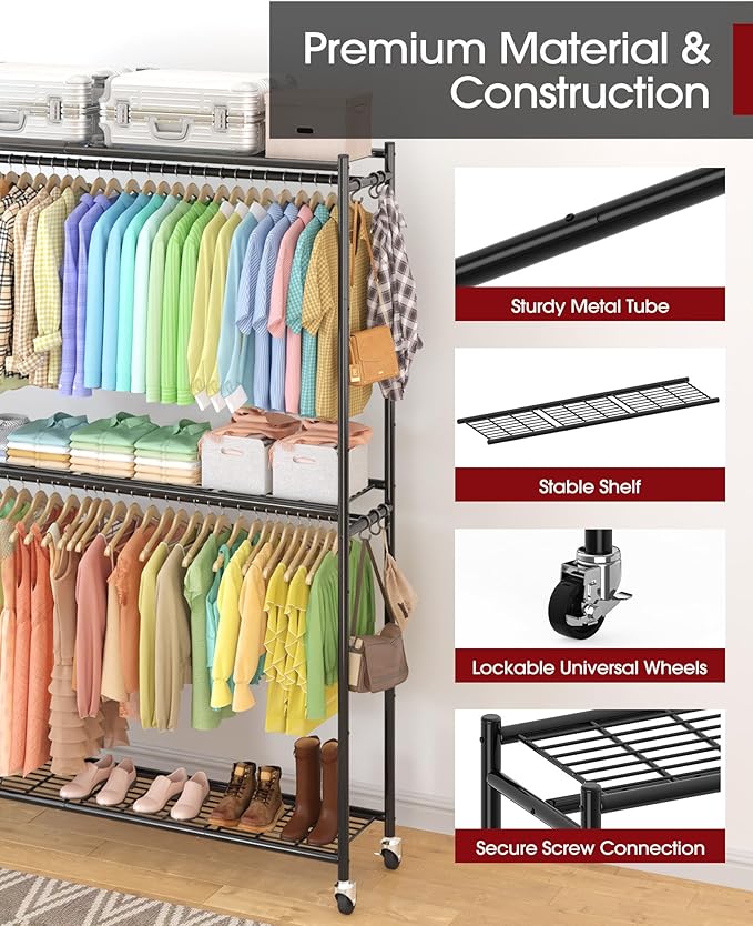 Sakugi Clothes Rack - 45.2" x 12.2" x 79.5" Clothing Rack with Shelves & Wheels, Multi-Functional Wardrobe Closet with Hooks, Sturdy Metal Garment Rack for Bedroom, Laundry, Balcony (Black)
