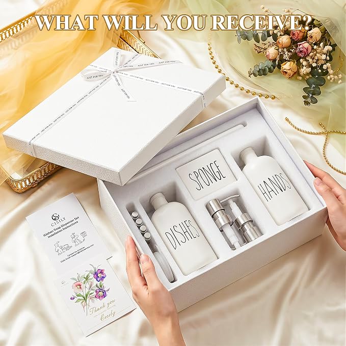 Cisily Housewarming Gifts New Home Basket, Kitchen Soap Dispenser Set Comes with Ceramics Sponge Holder, Silver Stainless Steel Pumps, and Instant Dry Tray, Hand and Dish Soap Dispenser Set