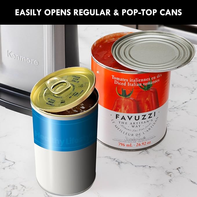 Kenmore Smooth Edge Electric Can Opener, Black & Stainless Steel | Side-cut blade opens regular and pop-top cans, handles extra-tall cans, and helps prevent sharp edges.