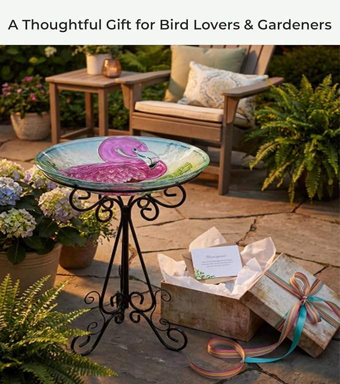 Large Glass Bird Bath with Metal Stand, Flamingo | 18" Wide Bowl, 3.2" Bathing Depth, Thick Glass Construction, Stable 3-Leg Base, Easy Clean Surface, Garden Decor