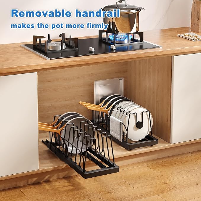 Mustorn Pots and Pans Organizer Under Cabinet, 21.6" Deep Pull Out Pot Lid Organizer Holder with Guardrail Adhesive Pot and Pan Holder Rack with 10 Adjustable Dividers-1 Pack(Black)