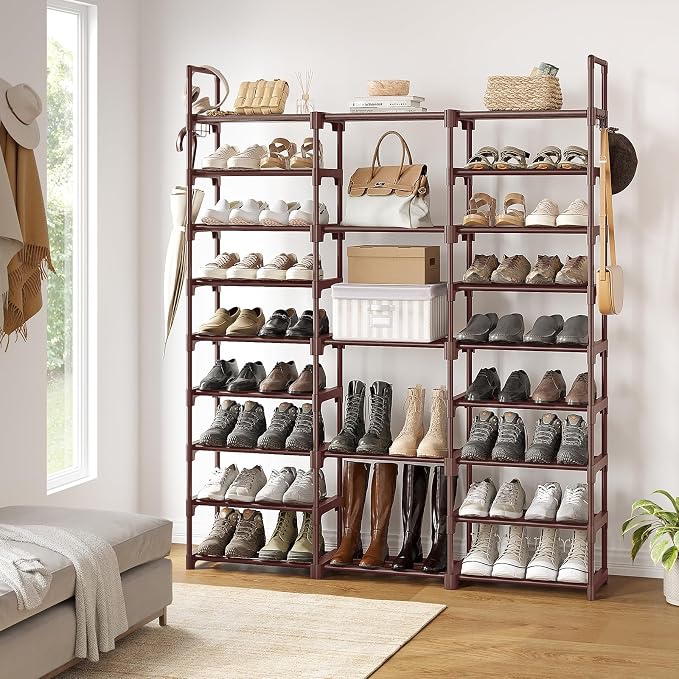 WOWLIVE 9 Tiers Shoe Rack Shoe Storage Shoe Organizer 30-35 Pairs Shoe Tower Unit Shelf Durable Metal Pipes with Plastic Connectors Stackable Cabinet Brown