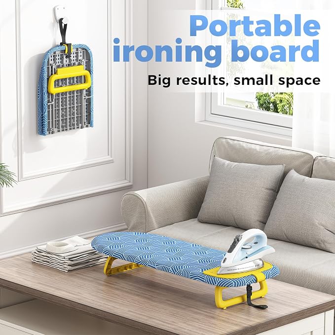 KINGBOARD Tabletop Ironing Board, Small Ironing Board with Iron Mat, Foldable Mini Iron Board, Easy Storage for Travel & Dorm, 12x32 Blue & Yellow