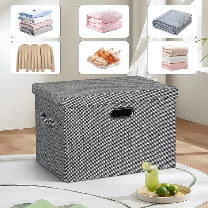 Graciadeco Large 17" 36 Quart Collapsible Stackable Storage Bins with Lids, 3 Packs Black and White Mix Linen Fabric Closet Boxes with Lids, Storage Cube Baskets Container Organizers (17x12x11)