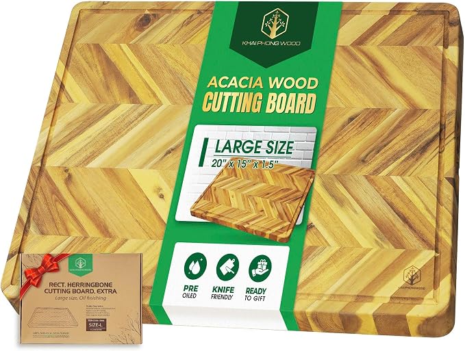 Herringbone Acacia Wood Cutting Boards for Kitchen, 1.5 in Thick Butcher Block Construction for Stability, 20 x 15 in Large Cutting Boards with Gift Box, Juice Groove and Handle