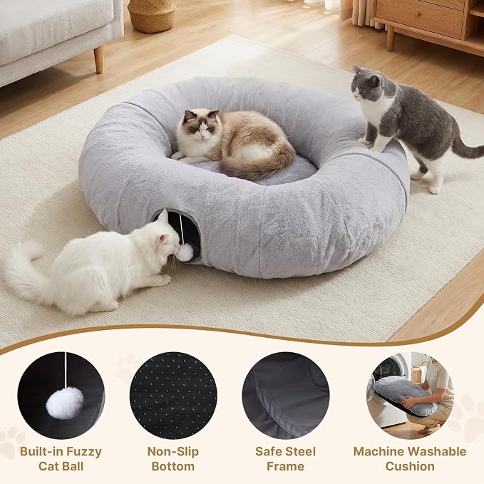 Extra Large Cat Tunnel, 47.2in Multi-Cat Family Big Cat Tunnel for Cats, Long Cat Tunnel Bed with Washable Plush Mat, XXL Pet Play Tunnel Toy for Cats, Puppy, Rabbits Grey