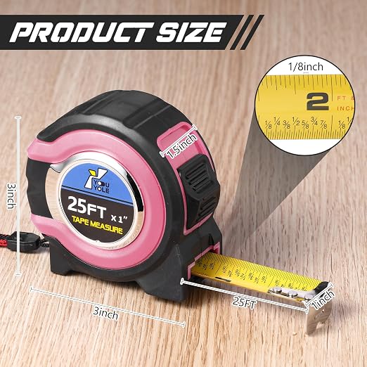 Youyole 10 Pack Tape Measure with Fractions 1/8 Steel Measuring Tape Retractable Easy Read Measurement Ruler Steel Power Blade (25 ft X 1 in,Pink)
