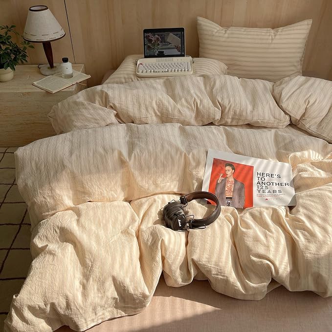 mixinni Retro Striped Duvet Cover Set King Size - 100% Washed Cotton Beige Duvet Cover with Black White Stripes, Soft Breathable 3 Piece Comforter Cover with Zipper Closure & Corner Ties
