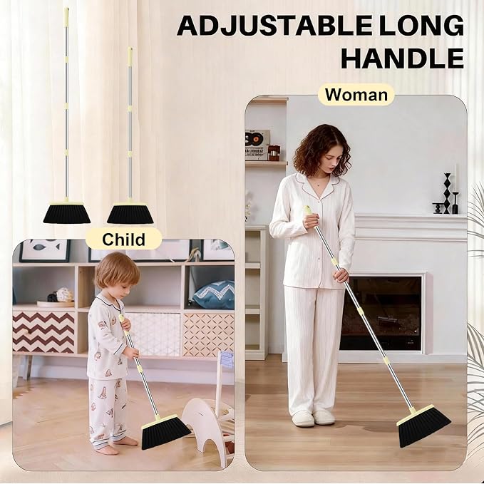 BSKLIN Broom and Dustpan Set for Home, 52" Long Handle Broom Set with Dustpan Teeth to Clean Hair Sweeping Indoor and Outdoor (Yellow)