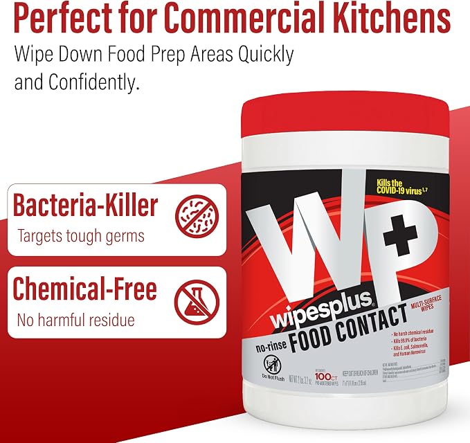 WIPESPLUS Cleaning Wipes All Purpose Food Contact - No Rinse, No Residue, Quick Dry Formula, Disinfecting Wipes For Restaurants, Foodservice, Schools - Canister, 100 Count, (Pack of 12)