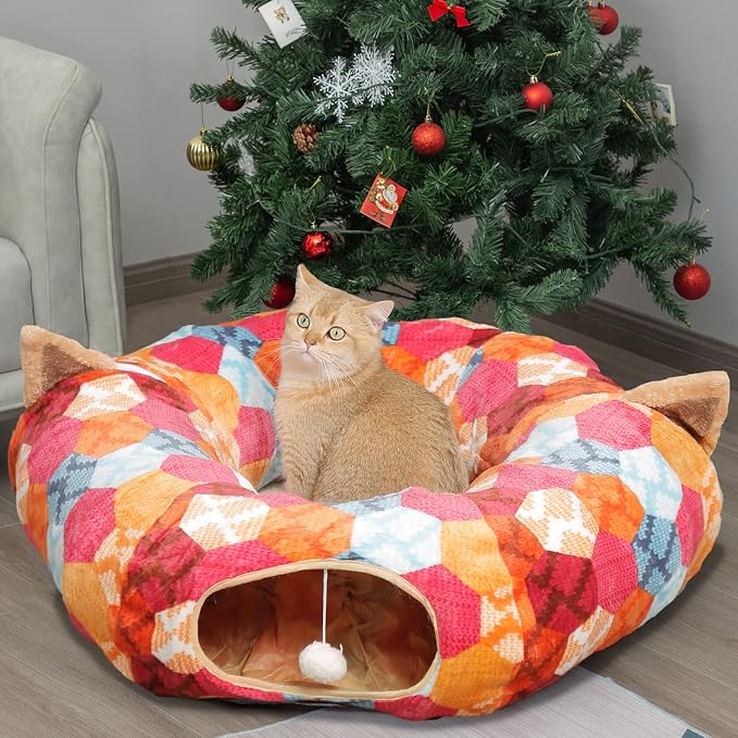 AUOON Cat Donut Tunnel with Bed for Kitten Puppy Rabbit Ferret, Orange | 2-in-1 Interactive Cat Toy, with Hanging Ball Toy, Machine Washable Center Pad, 36"L x 36"W x 10.7"H