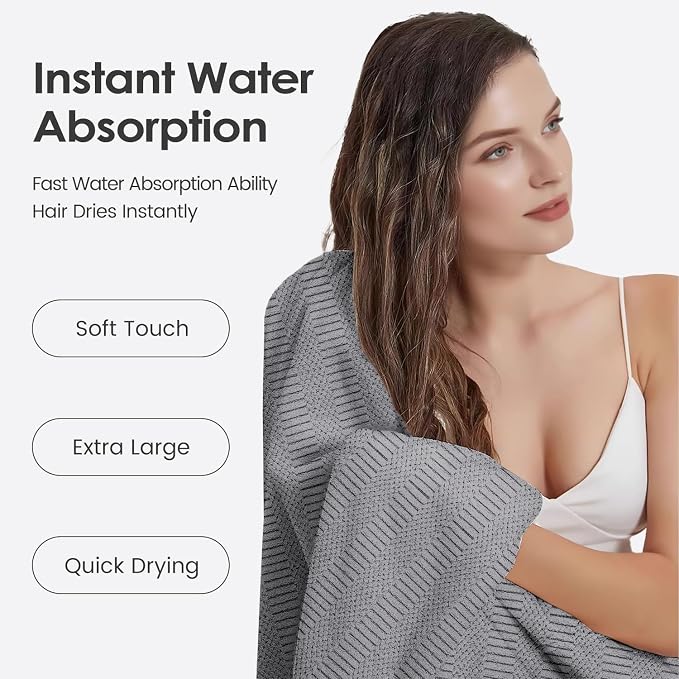 JML Bath Towels, 30" x 60", Gray, Set of 2 | Hanging Hook, Lint Free, Oversized, Soft, Super Absorbent, Fast Drying, Use for Sport, Fitness, Yoga, Diamond Cross Grid