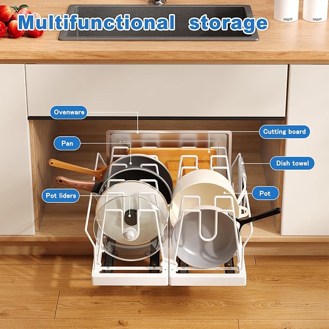 Mustorn Pots and Pans Organizer Under Cabinet, 21.6" Deep Pull Out Pot Lid Organizer Holder with Guardrail Adhesive Pot and Pan Holder Rack with 10 Adjustable Dividers-1 Pack(White)