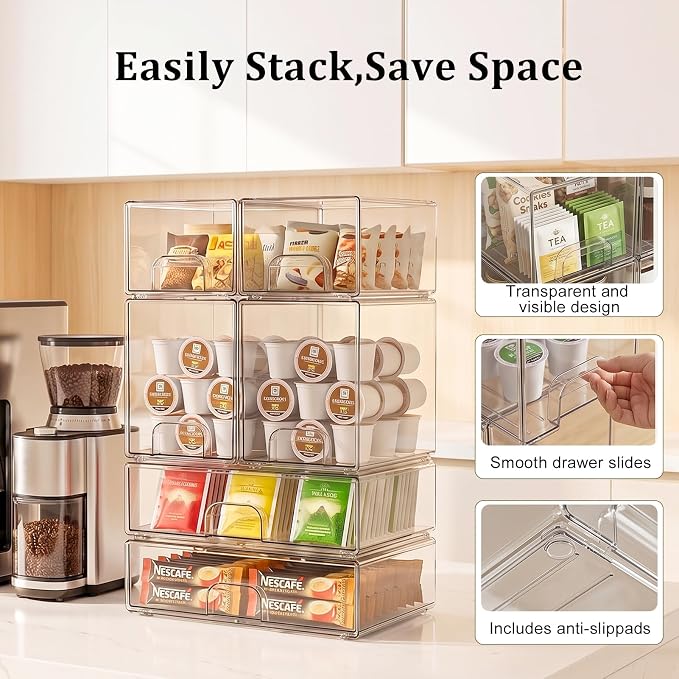 Clear Stackable Storage Drawers: Baby Bottle Storage Organizer, Acrylic Bottles Station Organizer Container for Countertop, Vanity, Bathroom, Cabinet Organization - 6 Pack