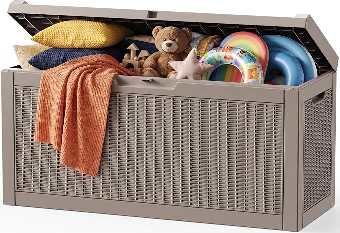 Outdoor Storage Box,120 Gallon Waterproof Resin Patio Deck Box | UV Resistant Lockable Package Delivery Bin, Toy Cabinet, Shoe & Garden Tools Storage, Ottoman, Indoor/Outdoor