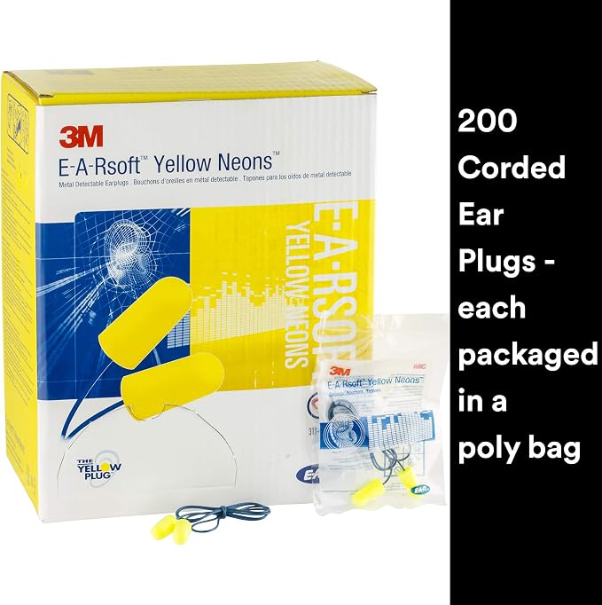 3M Ear Plugs, E-A-Rsoft Yellow Neons 311-4106, Metal Detectable Cord, 200 Pair of Disposable Earplugs, Pairs Wrapped, Regular Size, Corded, 32 NRR, Tapered Cylinder Shape, Slow Recovery Foam