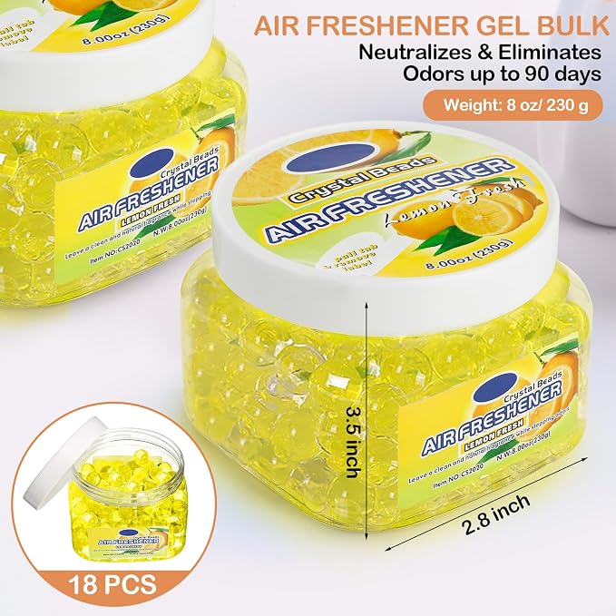 18 Pack Gel Odor Eliminator Beads 8 Ounce Scent Beads Bulk Air Freshener Removing Long Lasting Eliminates Odors for Home, Bathrooms, Cars, Boats, Rvs and Pet Areas(Lemon)