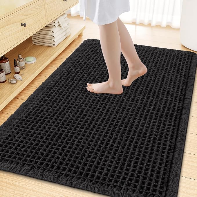 Smiry Waffle Bath Mat 59x35, Extra Soft Absorbent Bathroom Rugs, Non Slip Machine Washable Quick Dry Bath Rugs for Bathroom Floor, Tub, Shower, Home Decor Accessories, Black