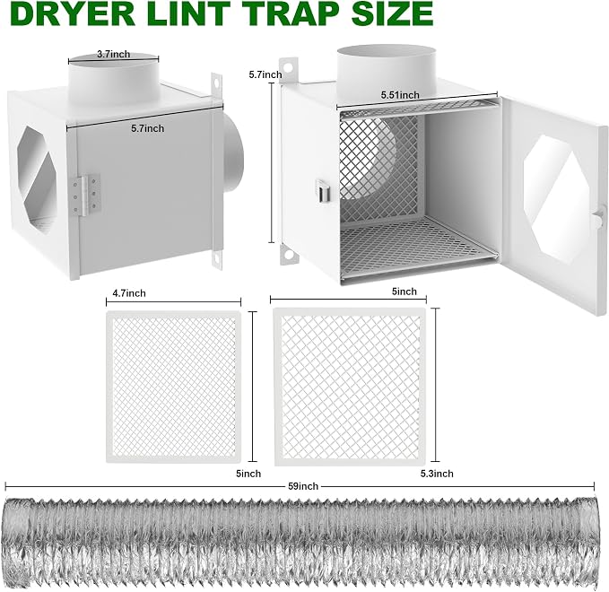 Dryer Lint Trap Kit, Indoor Secondary Lint Catcher with 4inch Vent Hose, 2 Clamps, 3 Stainless Steel Mesh & Aluminum Foil Tape Cleaning Brush for Electric Dryer Duct lint Trap – Easy to Clean