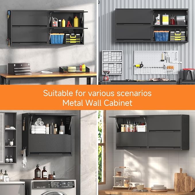2 Door Garage Wall Cabinet with Up-Flip Door, 25.6" H Metal Wall Cabinet | Wall Mounted Metal Storage Cabinet for Garage,Basement,Ware House Assembly Required