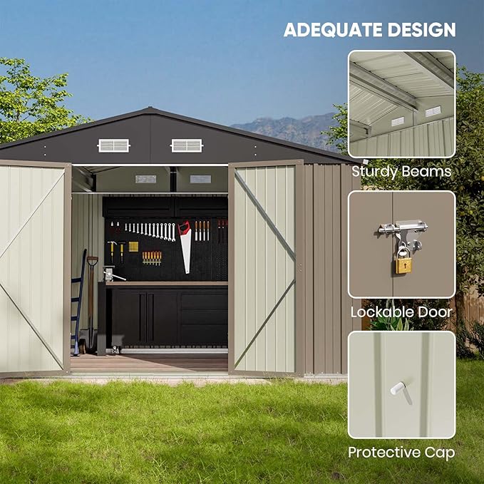 Patiowell 10 x 8 FT Outdoor Storage Shed, Large Garden Tool Metal Shed | with Sloping Roof and Double Lockable Door, Outdoor Shed for Backyard Garden Patio Lawn, Brown