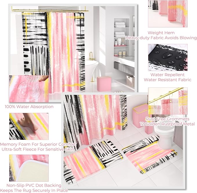 Bathroom Set - Bathroom Accessory Set, Pink Bathroom Set, 26PC Bathroom Sets with Shower Curtain and Rugs, Toilet Brush, Trash Can, Qtip Holder & Bathroom Soap Dispenser Set
