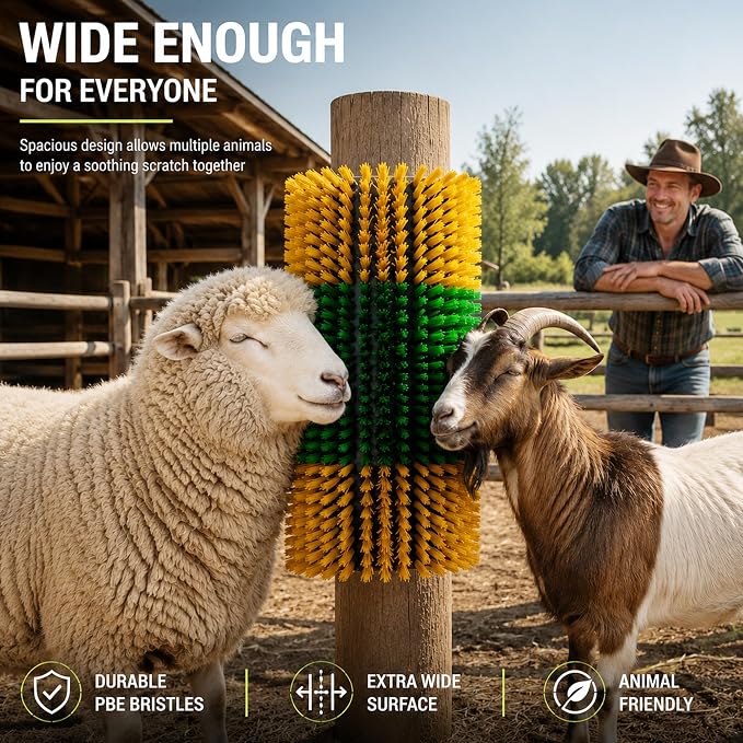 Livestock Scratching Brush 2 Pack for Cattle, Horses and Goats, Bendable Cow Scratcher, Goat Scratching Post and Horse Scratcher with Durable Nylon Bristles and 8 Stainless Steel Screws