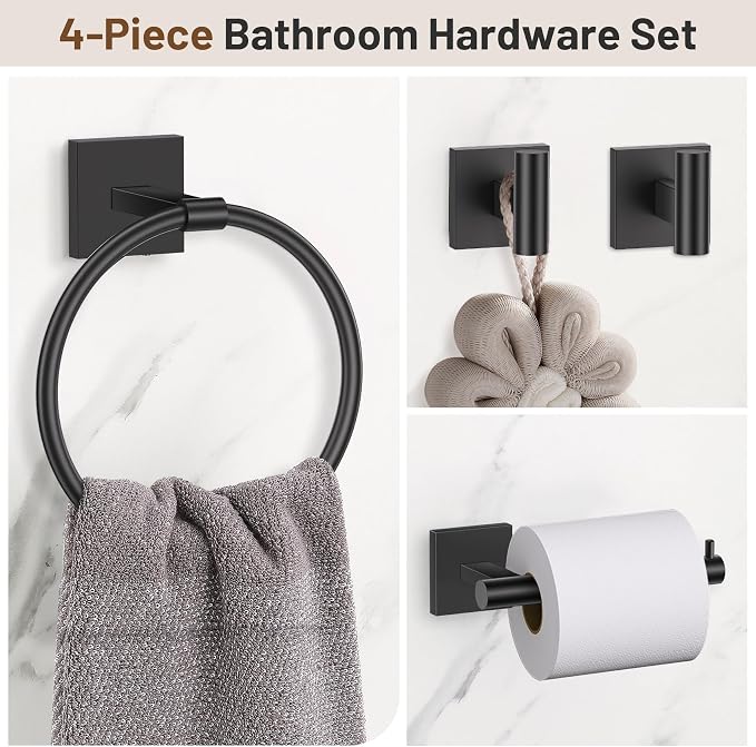 Towel Ring Set 4 Piece Bathroom Hardware Set Includes Towel Ring 2 Towel Hooks and Toilet Paper Holder Stainless Steel Wall Mounted (Matte Black)