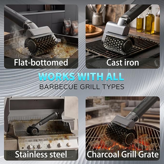 Electric Grill Brush for Outdoor - 3-Speed & Angle Adjust Cordless Rotary Grill Brush - 2026 NEW BBQ Grill Cleaner with 3 Heads - 180Mins Runtime Grill Cleaning Brush for Barbecue Grates