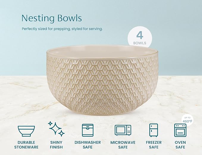 KooK Ceramic Mixing Bowls, Nesting Set of 4, Embossed Kitchen Dishware, Prep, Serving, Gift, Microwave and Dishwasher Safe, 20/44/98/145 oz, Narbonne Collection (Almond)