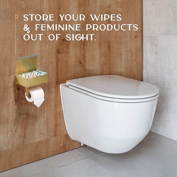 Day Moon™ - Toilet Paper Holder with Shelf - Modern Roll Holder for Bathroom - 1 Pack - Wall Mount - with Storage, Gold