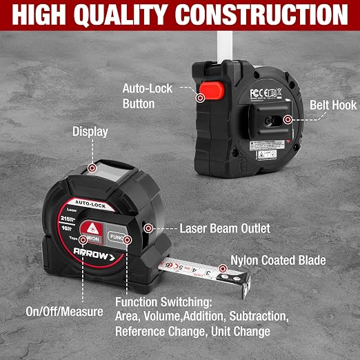 Arrow 2-in-1 Laser Tape Measure, 215Ft/65m Laser Distance Measuring Tool, 16Ft Magnetic Tape Measure Continuous Measurement, Area/Volume Calculation, NOT Digital, Gift for Dad