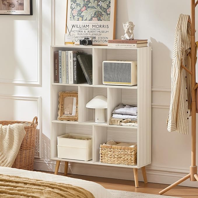 LEYAOYAO Cube Bookshelf, Mid-Century Modern Book Shelf with Legs,Light Grey | 3 Tier Bookcase, Rustic Wood Bookshelves Freestanding Small Storage Organizer, Open Shelves for Bedroom, Living Room, Office