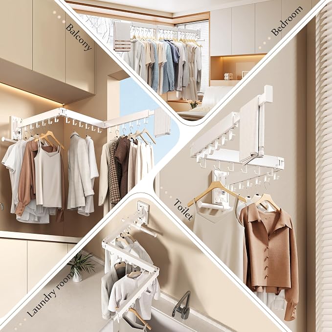 Wall Mounted Collapsible Clothes Drying Rack, Space-Saving Laundry Drying Rack Clothing Hanger, Durable Foldable Design Extends Left, Right & Up for Upgraded Versatility
