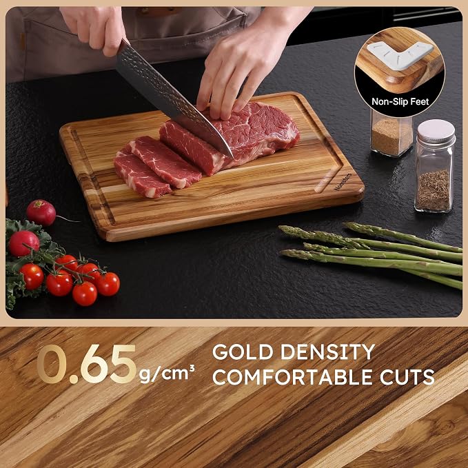 13'' Teak Wood Cutting Board for Kitchen Non Slip Over Sink Charcuterie Board Serving Heavy Duty Non Toxic Wooden Chopping Board Thick Haus Organic Edge Grain Wood House Warming Hostess Host Gift