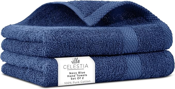 Villa Celestia 100% Cotton Hand Towel Set of 2, (16 x 28 inches) Sustainable, Soft, Highly Absorbent, Quick Drying, Combed Cotton Hand Towels Pack of 2 Ideal for Hotels, Spa, Bathroom, Dorm, Navy Blue