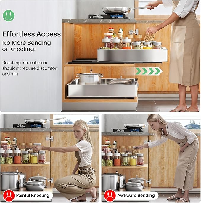 Pull out Cabinet Organizer, Stainless Steel Expandable(12"-20") Heavy Duty Slide out Drawers Fixed with Adhesive Nano Film for Pots, Roll out Shelf Storage for Kitchen Base(Silver-2pcs)(3 Rails)