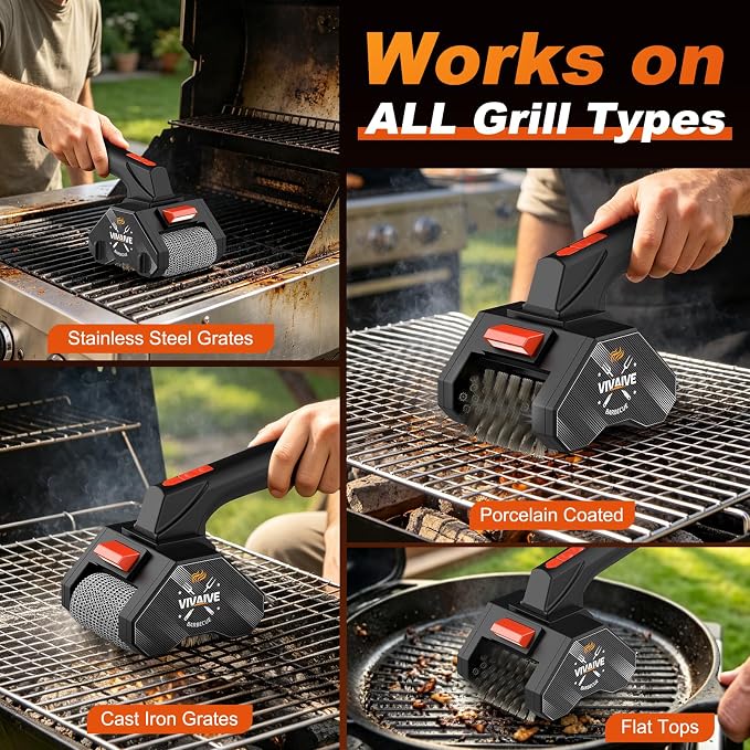 Electric Grill Brush - Dual-Head Cordless Rechargeable BBQ Cleaner with 304 Stainless Steel Chain Roller & Wire Brush | 320 RPM Power Rotary BBQ Scrubber for All Grates