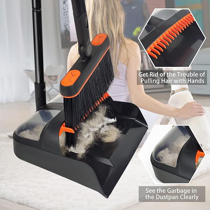 Broom and Dustpan Set for Home, JEHONN Long Handle Lightweight 180 Degree Rotating Broom Set Indoor, Upright Standing Dust Pan with Comb Teeth