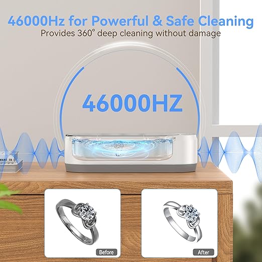 KUNPHY Jewelry Cleaner, 46KHZ, 12OZ Capacity, Ultrasonic Jewelry Cleaner with 50ml Solution, One-Touch Operation, Professional Ultrasonic Cleaner Idea for Silver, Gold Jewelry, Glasses, Rings, Diamond