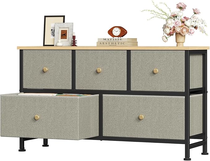 OLIXIS 5 Drawer Dresser for Bedroom, Storage Organizer Unit for Closet | Chest of Drawers for Clothes Storage with Bins, Wide Fabric Bedroom Dresser, Wooden Top, Living Room, Ink Green