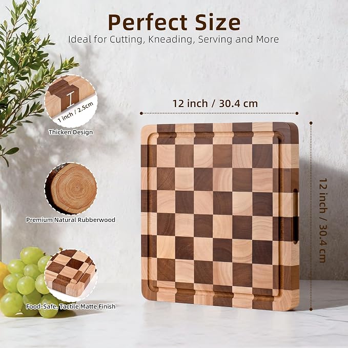 Checkered Cutting Board for Kitchen - Wood End Grain Checkerboard Chopping Board with Handle & Juice Groove, Double Sided for Food Prep, Serving and Decor, Square 12" x 12" x 1" ﻿