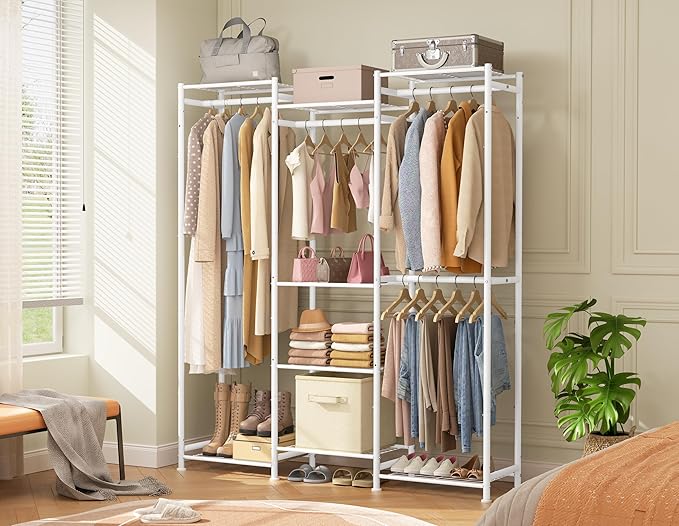 HOMIDEC Wardrobe Closet, 4 Hanging Spaces Portable Clothes Rack,Free Standing Closet Organizer and Storage System with Hanging Rods,Clothing Rack Suitable for Cloakroom,Bedroom,Entrances,etc.White