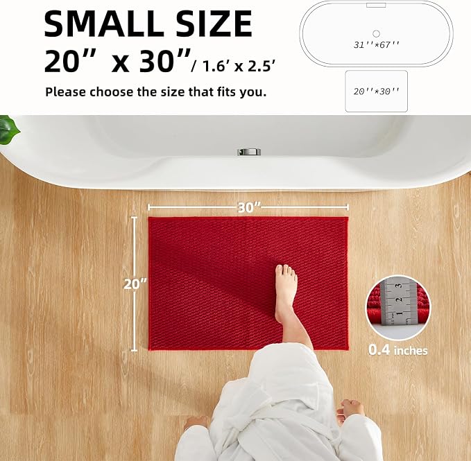 TYUU Christmas Bathroom Rugs Non Slip Washable, Super Absorbent Thin Bath Mat Small Quick Dry Low Pile Bathroom Rug, Red 20"x30"