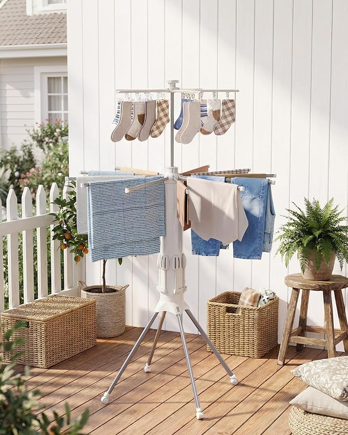 Sakugi Foldable Clothes Drying Rack – Collapsible Laundry Rack with 12 Steel Arms, 4-Leg Stable Base, Reinforced Frame with Clips & Shoe Holders for Indoor Outdoor Use, 44" D x 44" W x 71" H, White