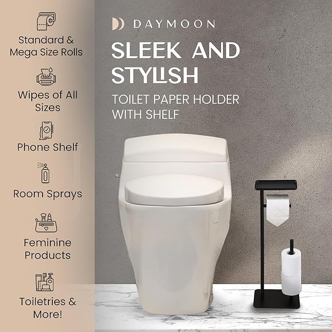 Day Moon™ - Toilet Paper Holder - Modern Roll Holder for Bathroom - 1 Pack - Free Standing - with Shelf, Black