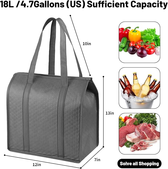 18L Insulated Grocery Bags, Zippered Top 3PCS Reinforced Handles | 12×7×13", reusable thermal lining, keeps food warm & cold, suitable for travel, picnic, camping, beach, shopping